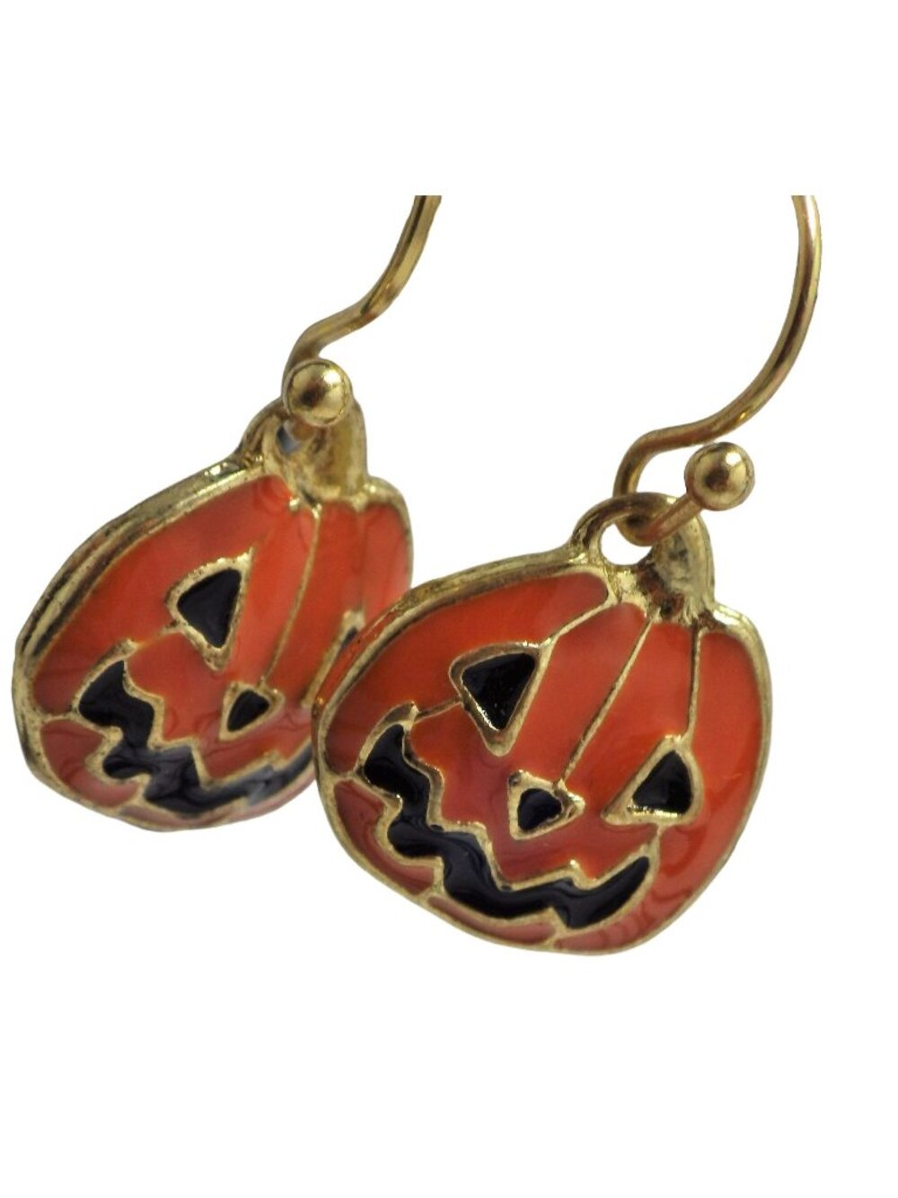 Halloween Pumpkin Earrings Small Jack O Lantern Orange Black Gold Hook Drop Dang